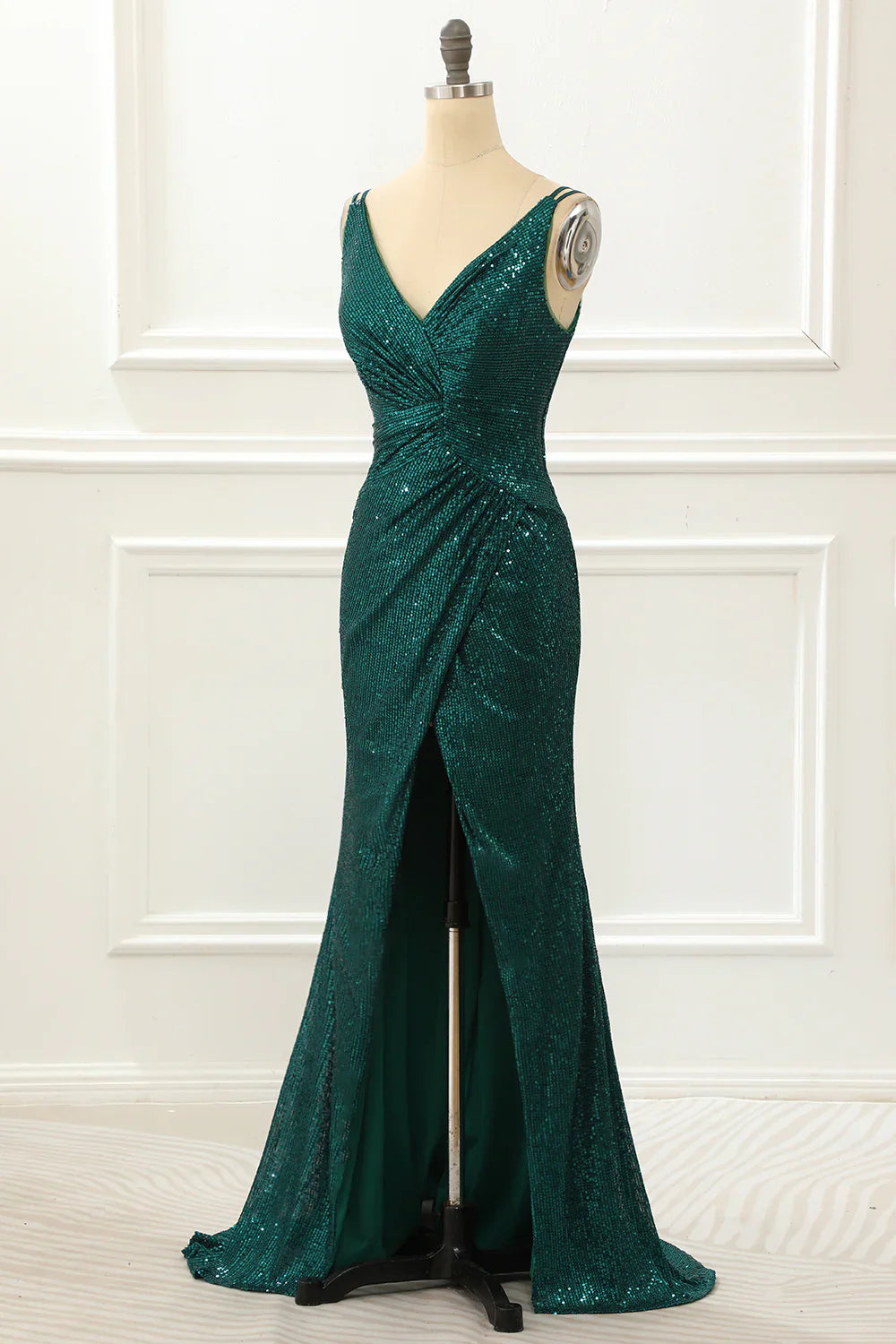 Spaghetti Straps Saprkly Dark Green Prom Dress With Slit