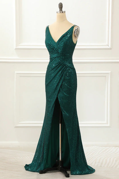 Spaghetti Straps Saprkly Dark Green Prom Dress With Slit