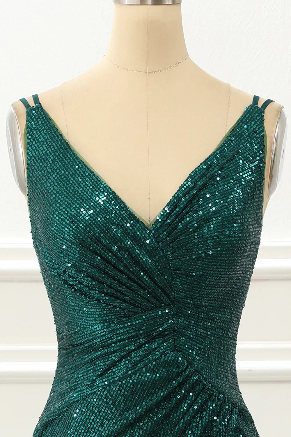 Spaghetti Straps Saprkly Dark Green Prom Dress With Slit
