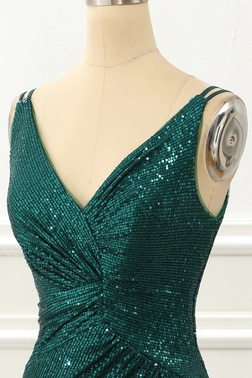 Spaghetti Straps Saprkly Dark Green Prom Dress With Slit