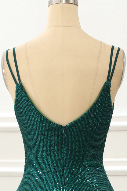 Spaghetti Straps Saprkly Dark Green Prom Dress With Slit