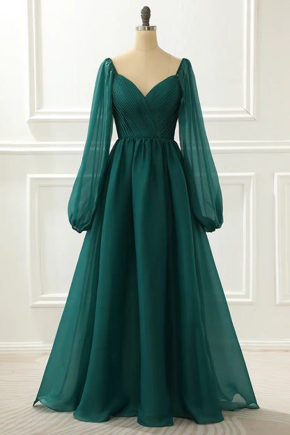 A Line Long Sleeves Green Prom Dress With Ruffles