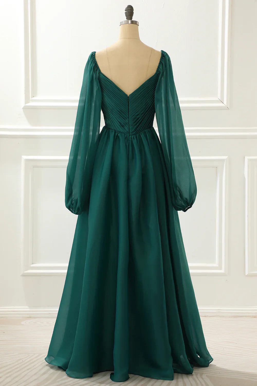A Line Long Sleeves Green Prom Dress With Ruffles