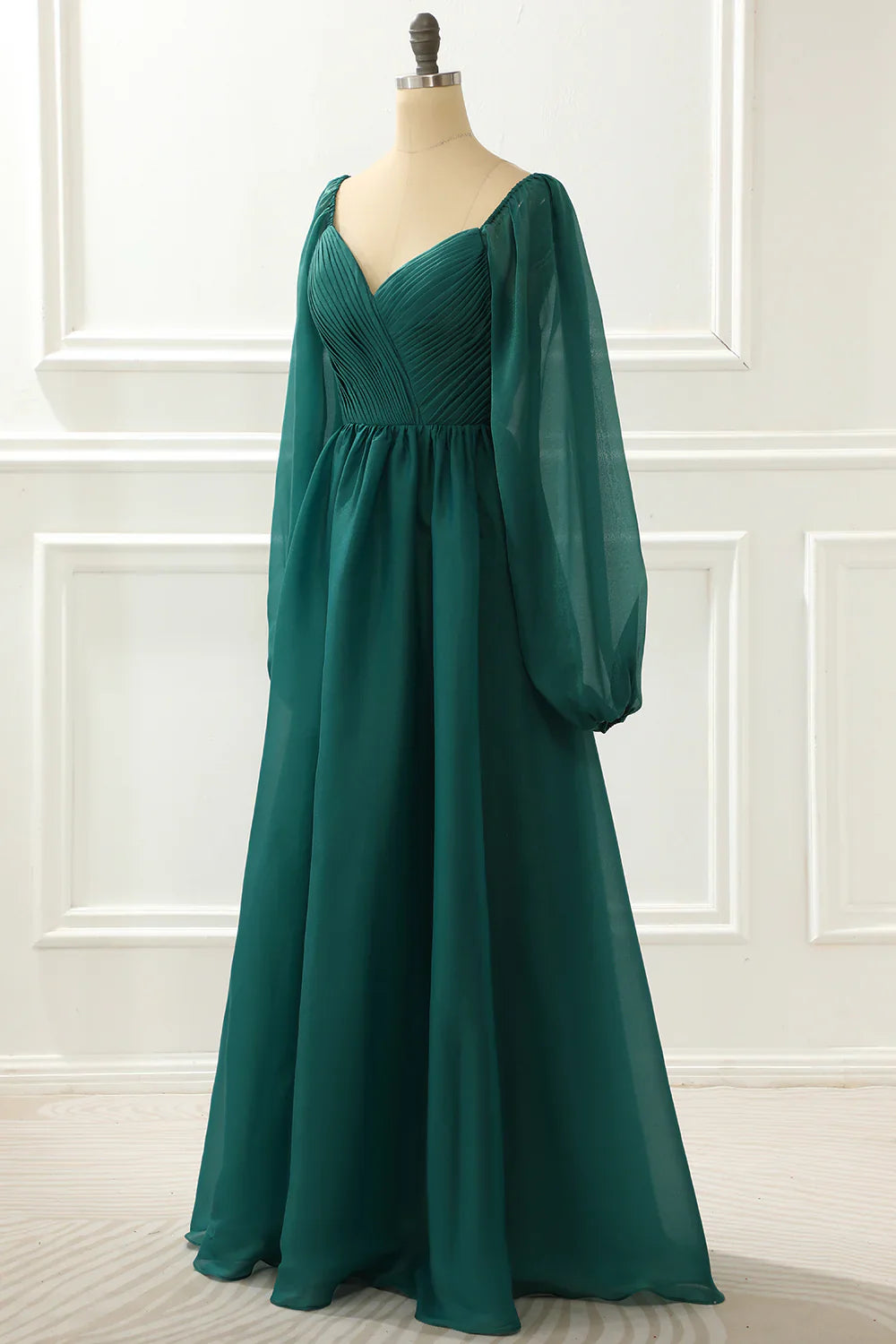 A Line Long Sleeves Green Prom Dress With Ruffles