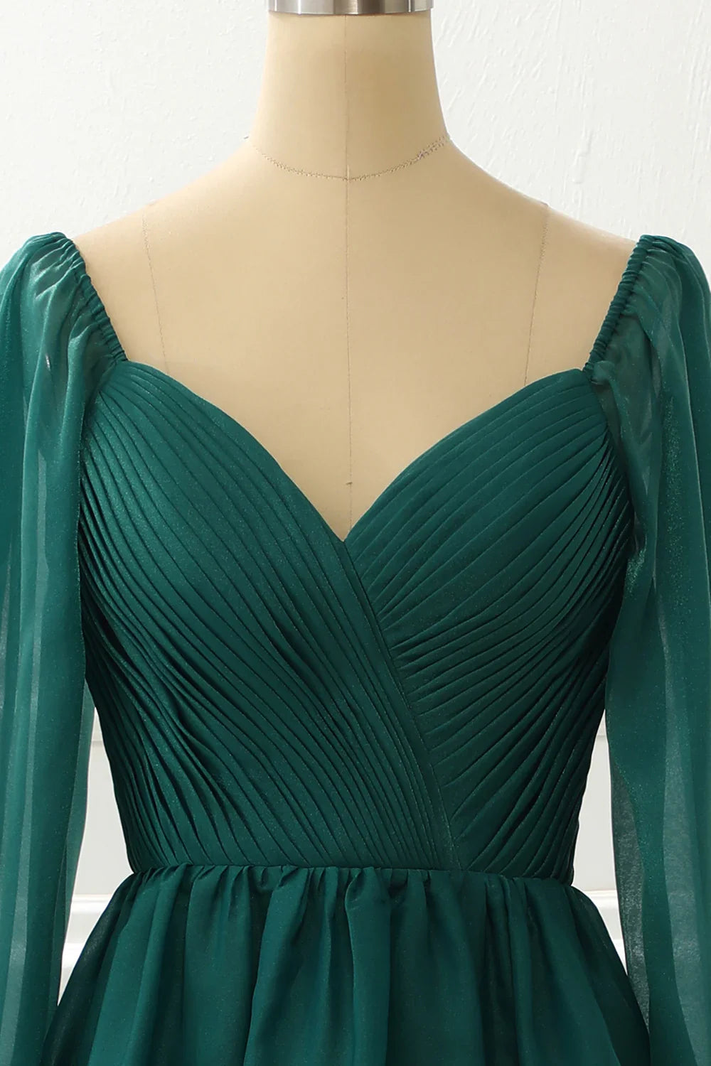 A Line Long Sleeves Green Prom Dress With Ruffles