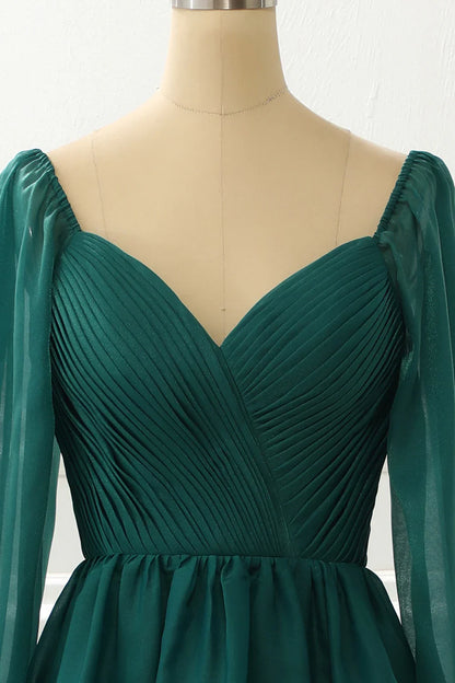 A Line Long Sleeves Green Prom Dress With Ruffles