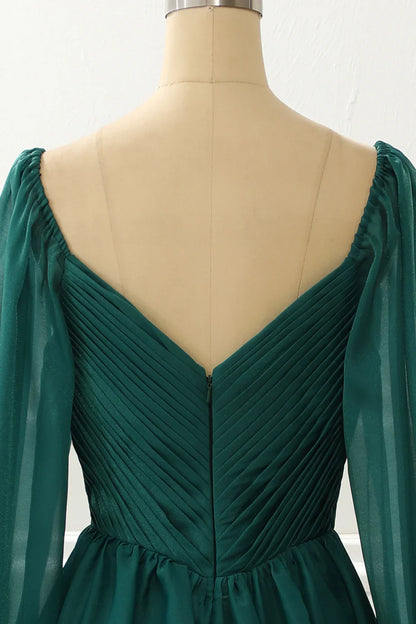 A Line Long Sleeves Green Prom Dress With Ruffles
