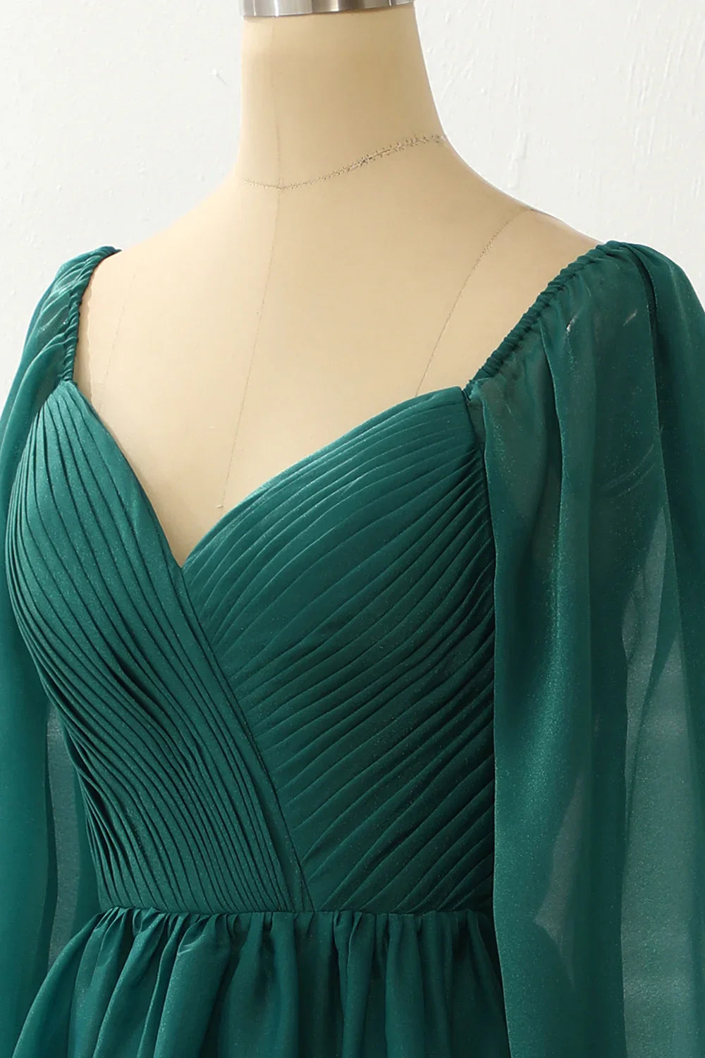 A Line Long Sleeves Green Prom Dress With Ruffles