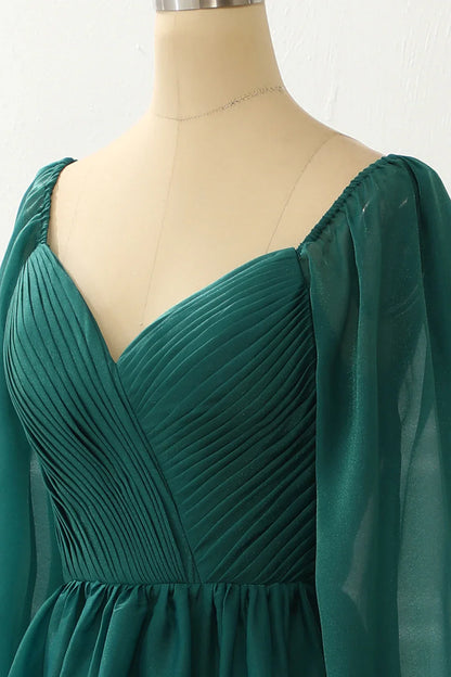 A Line Long Sleeves Green Prom Dress With Ruffles