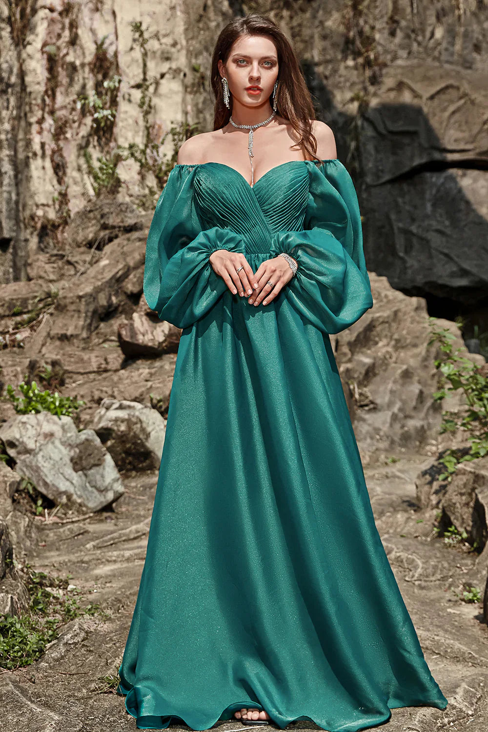 A Line Long Sleeves Green Prom Dress With Ruffles