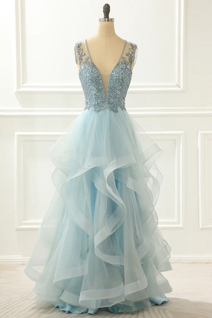 A Line Beading Light Blue Prom Dress With Appliques