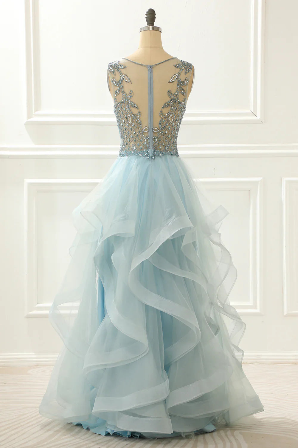 A Line Beading Light Blue Prom Dress With Appliques