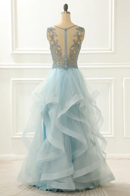 A Line Beading Light Blue Prom Dress With Appliques