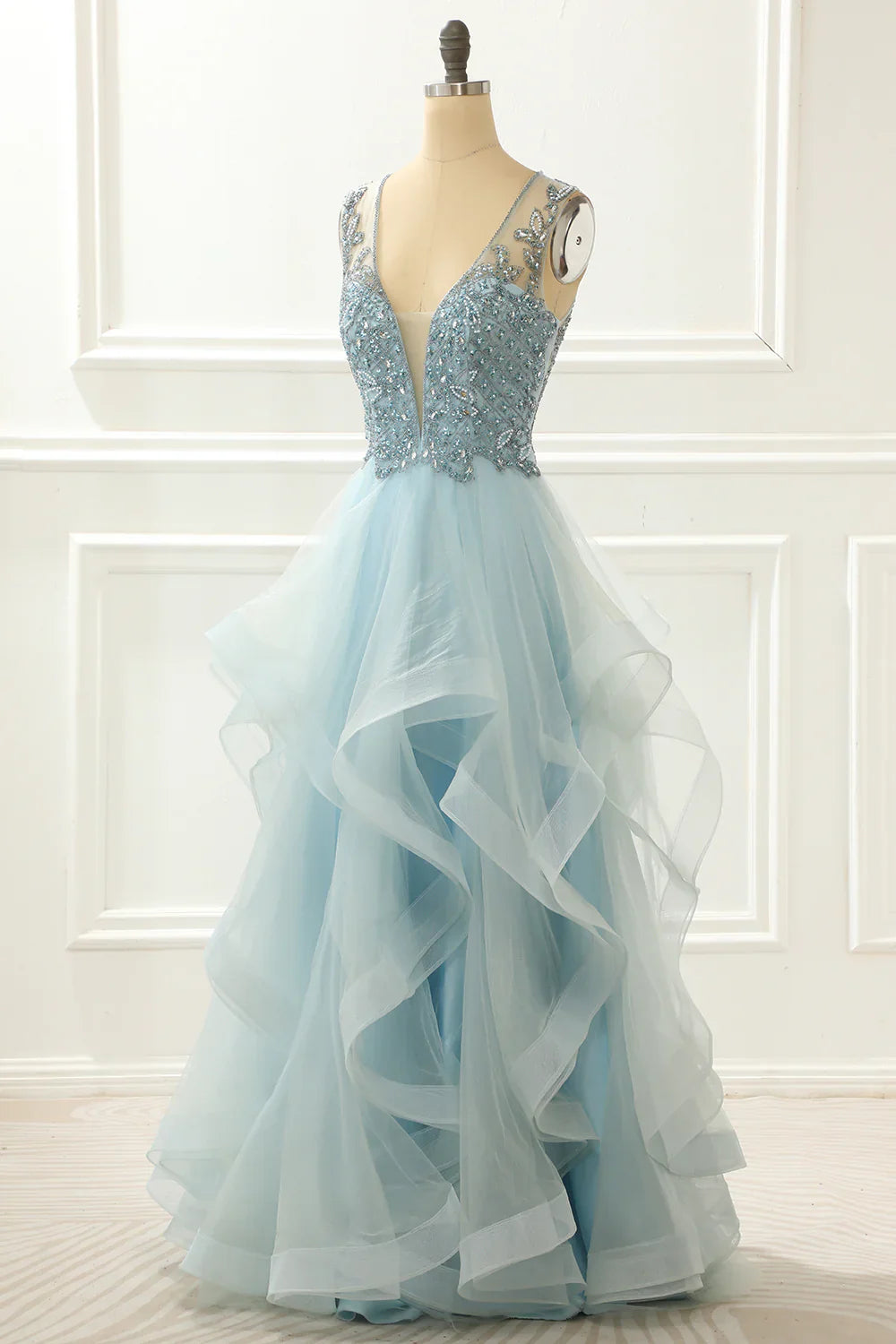 A Line Beading Light Blue Prom Dress With Appliques