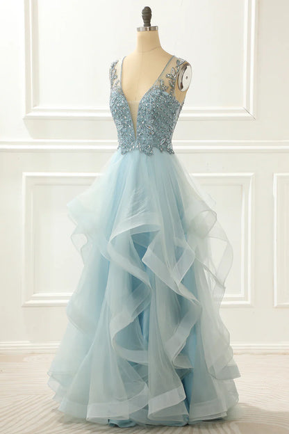 A Line Beading Light Blue Prom Dress With Appliques