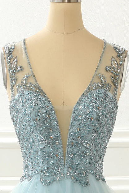 A Line Beading Light Blue Prom Dress With Appliques