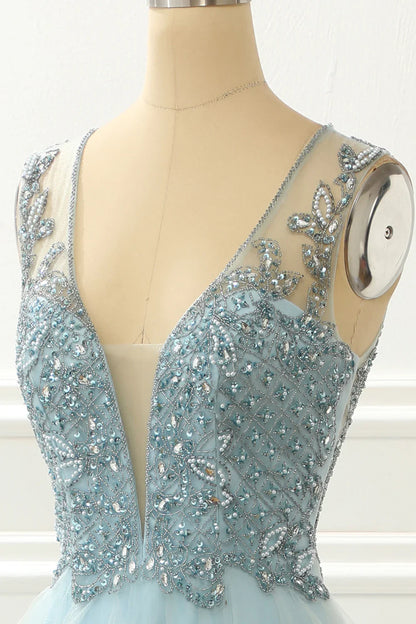 A Line Beading Light Blue Prom Dress With Appliques