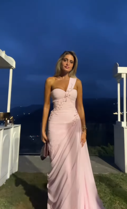 Light Pink Sheath One Shoulder Pleated Beaded Chiffon Prom Dress Wedding Guest Dress SH4699