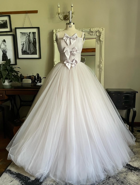 Stunning A Line Spaghetti Strap Bow Light Purple Tulle Long Party Dress Evening Dress SH2889