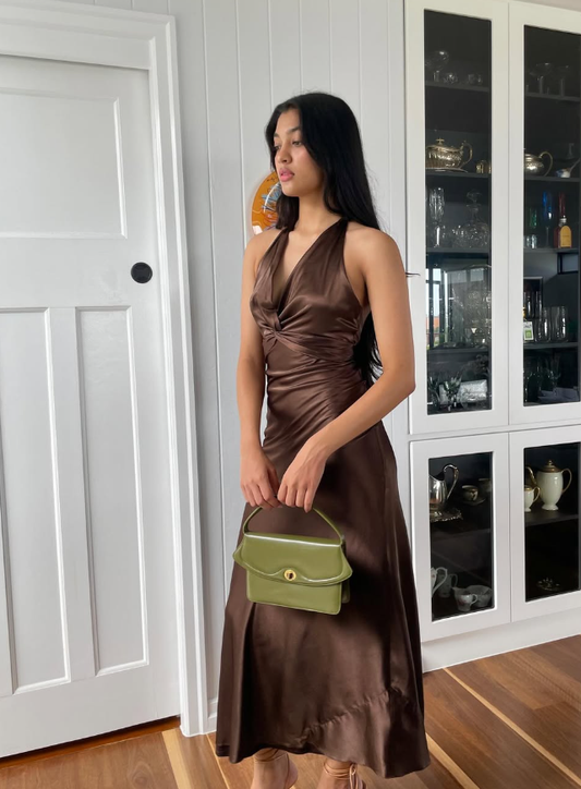 Simple A Line Halter Brown Satin Open Back Evening Dress Party Dress SH2689