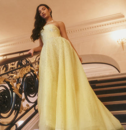 Sparkly Beaded Yellow Halter Evening Dress with Gloves SS313