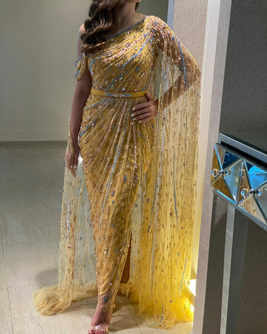 Yellow Beaded One Shoulder Yellow Evening Dress with Cape SS423