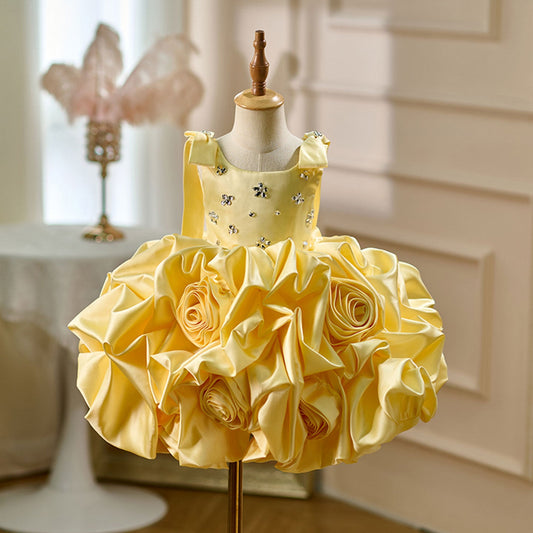 Satin Toddler Flower Girl Dress Princess Style 1st Birthday Party Gown D151