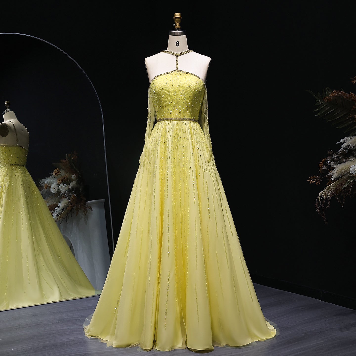 Sparkly Beaded Yellow Halter Evening Dress with Gloves SS313