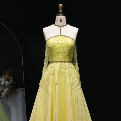 Sparkly Beaded Yellow Halter Evening Dress with Gloves SS313