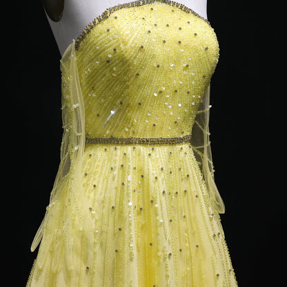 Sparkly Beaded Yellow Halter Evening Dress with Gloves SS313