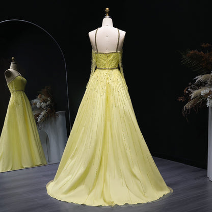 Sparkly Beaded Yellow Halter Evening Dress with Gloves SS313