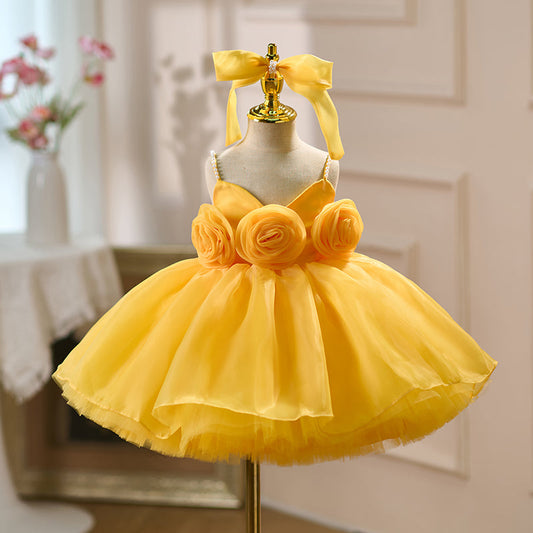 Yellow Toddler Party Dress with Strappy Design Flower Girl Dess J429