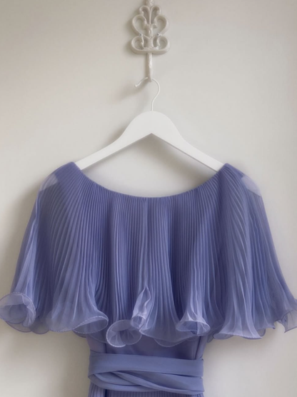 Gentle A Line Round Neck Blue Pleated Chiffon Long Evening Dress Party Dresses SH2905