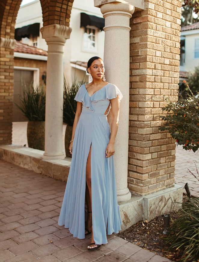 Gentle A Line Ruffle Blue Chiffon Evening Dress Bridesmaid Dress with Slit SH2703