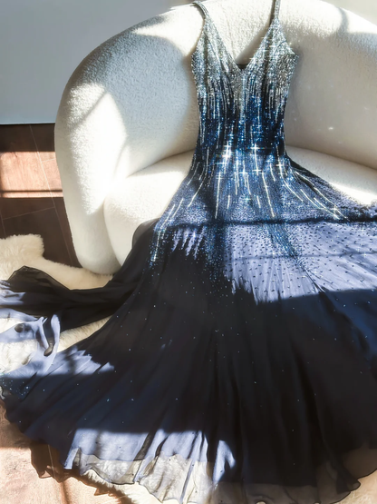 Gorgeous A Line Spaghetti Strap Beaded Sequin Navy Blue Chiffon Long Prom Dress Evening Dress SH2982