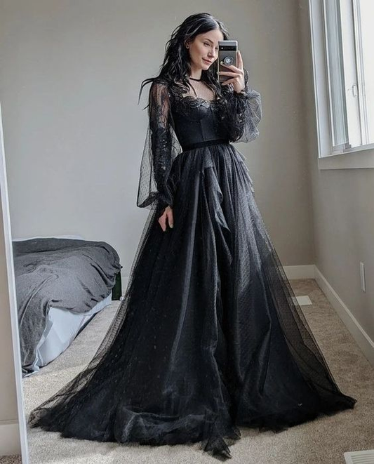Elegant A-line Black Prom Dress Long Sleeve Formal Evening Gown