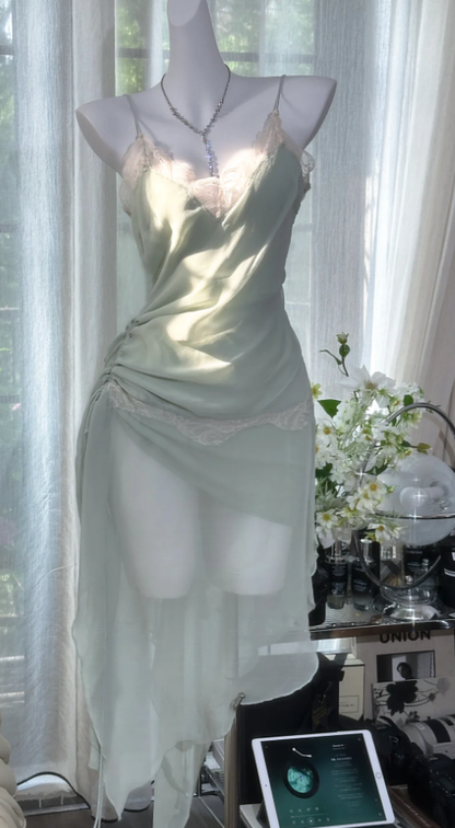 Sexy Light Green Chiffon Lace Pleated Mermaid Long Party Dress Prom Dresses D940