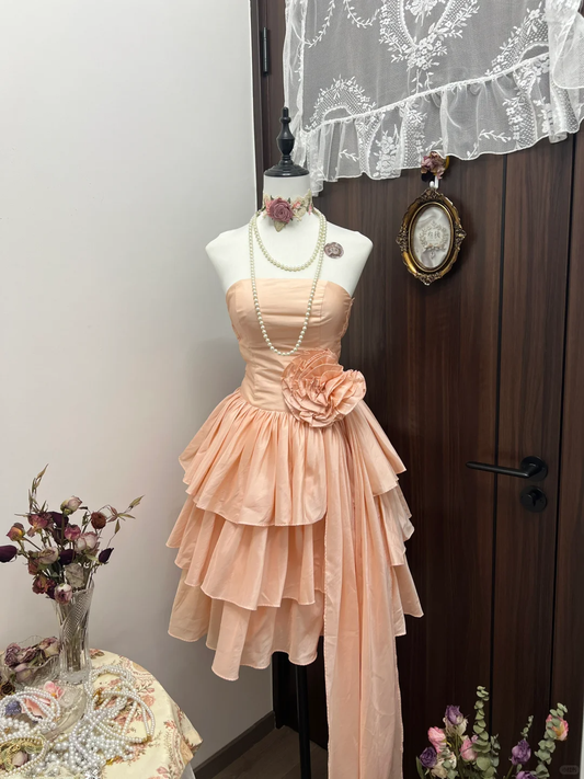 Cute Vintage A Line Strapless Layered Flower Coral Sands Satin Short Homecoming Dress Cocktail Dress SH2986