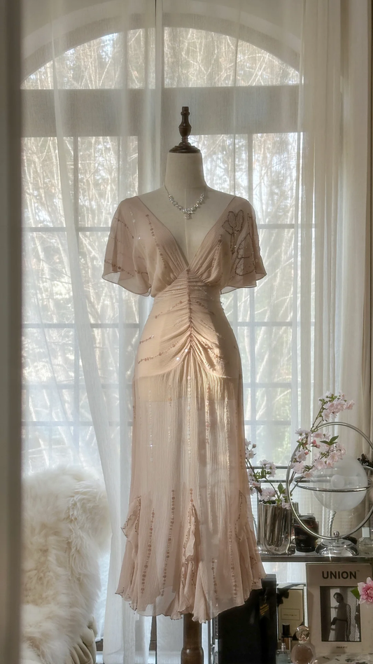 Gentle A Line V Neck Sequin Chiffon Party Dress Wedding Guest Dress SH2957