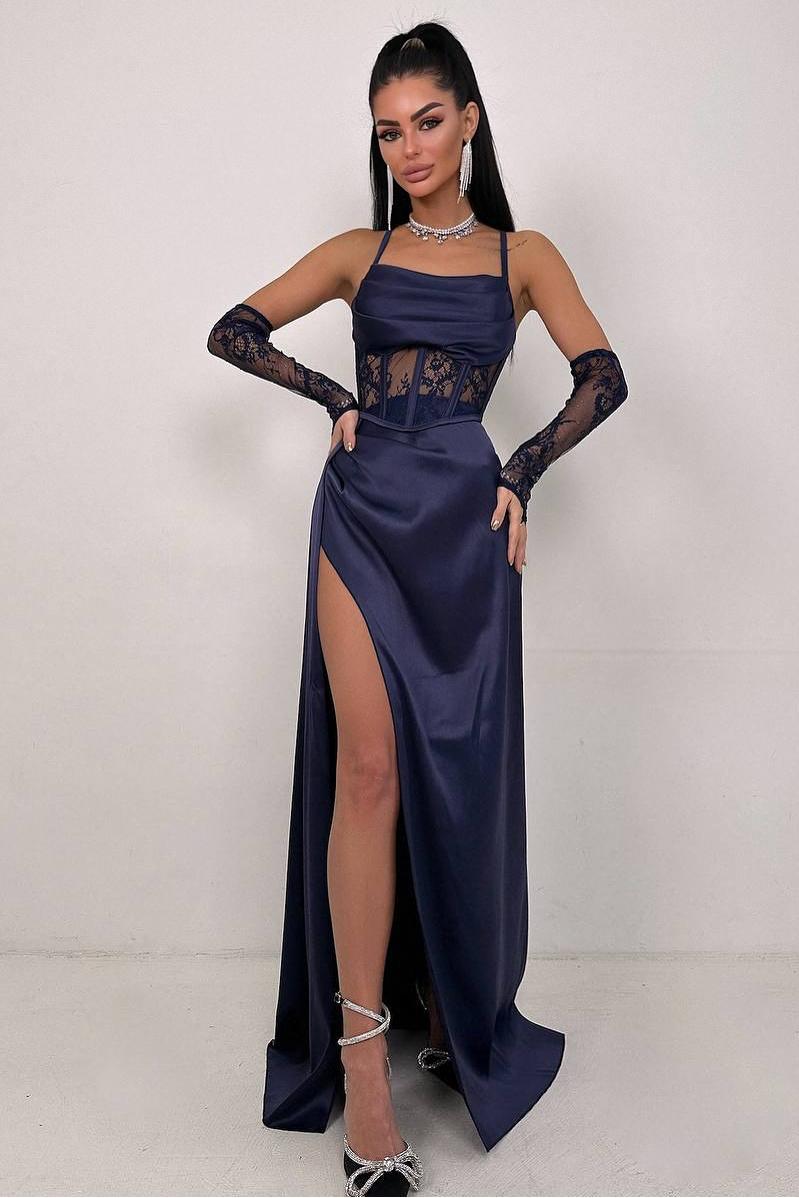 Chic Black Satin Halter Strapless Sleeveless Lace Split Prom Dress with Gloves | Zelldresses