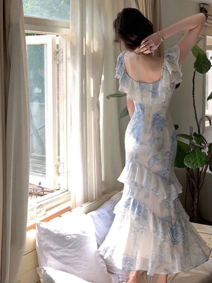 Gentle Mermaid Strap Print Flower Blue Chiffon Party Dress Evening Dress SH2869