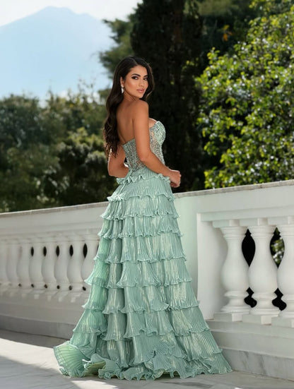 Gorgeous Sage Sweetheart Sleeveless Pleated Split Prom Dress with Ruffles | Zelldresses