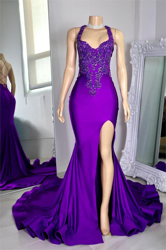 Hellodresses Stunning Purple Halter Sleeveless Mermaid Long Split Prom Dress With Appliques