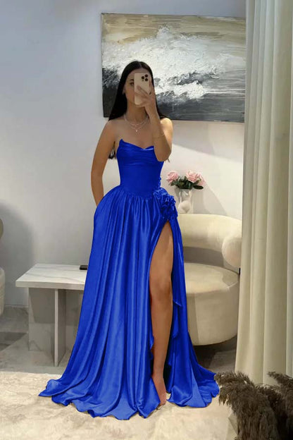 Elegant Pink Satin Strapless Beaded Sleeveless Pleated Split Prom Dress | Zelldresses