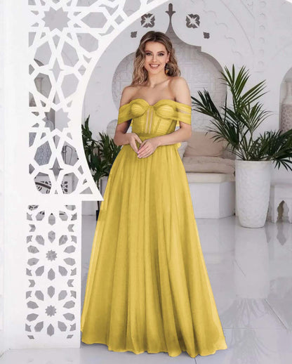 Hellodresses Tulle Off the Shoulder Sweetheart Sleeveless Royal Blue Prom Dress