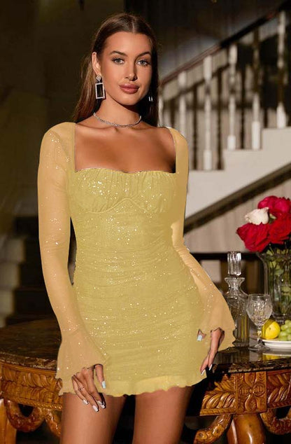 Sequins Long Sleeves Square Short Homecoming Dress With Ruffles HC0145