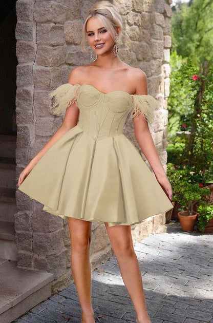Off the Shoulder Sweetheart Sleeveless Short A Line Homecoming Dress With Feather HC0176