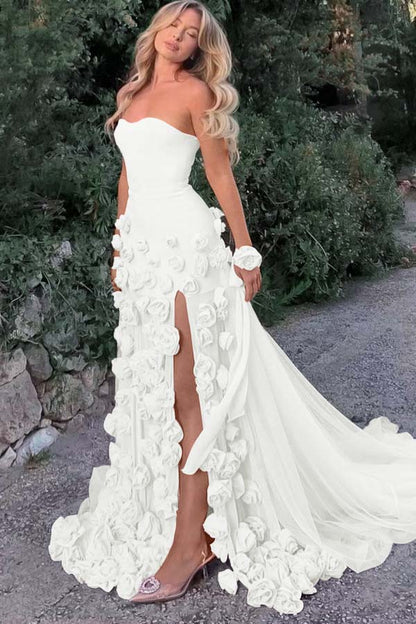 Amazing Pink Satin Strapless Sleeveless Tulle Split Prom Dress with Flowers | Zelldresses