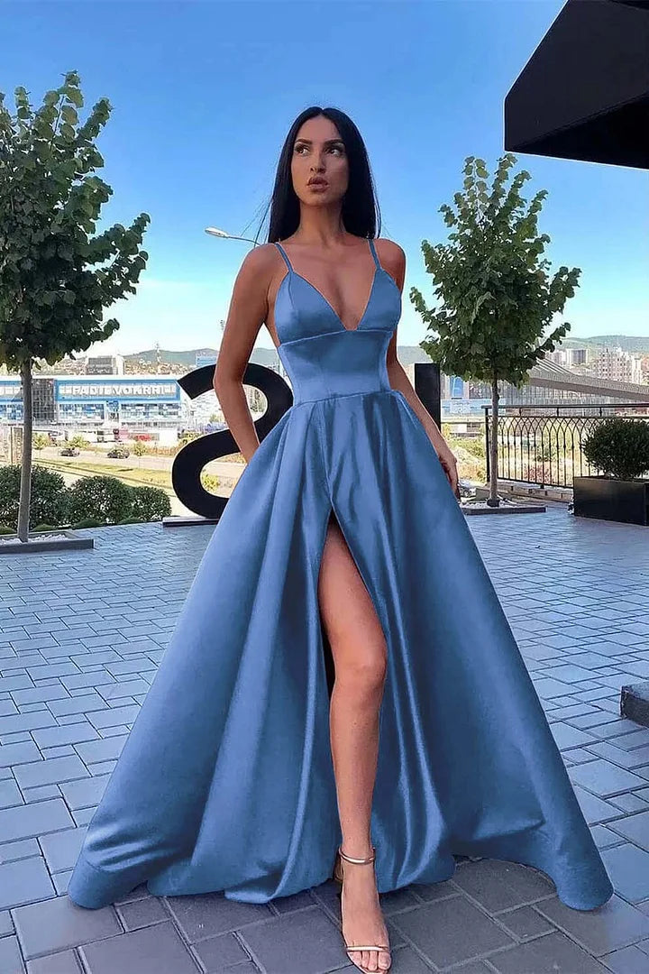 Elegant Burgundy Satin V Neck Spaghetti-Straps Long A-Line Split Prom Dress ED0113