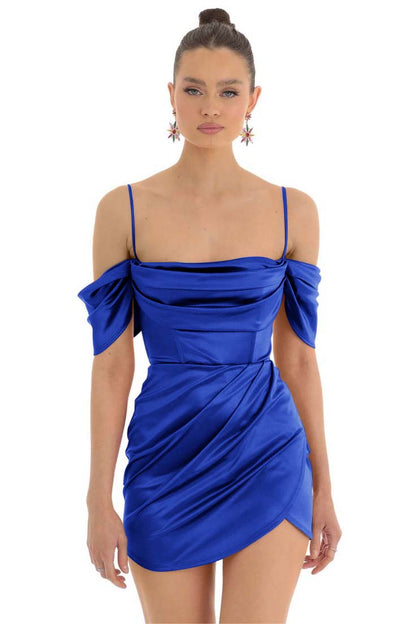 Hellodresses Simple Fuchsia Satin Spaghetti Strap Off the Shoulder Pleated Short Homecoming Dress